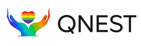 Logo of QNEST two rainbow colored hands cupping a rainbow heart followed by the name QNEST