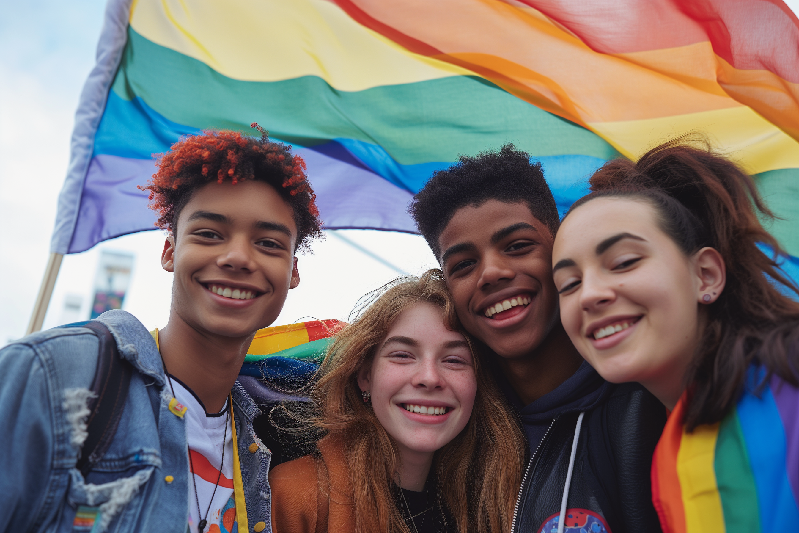 Teenagers in front of a rainbow flag