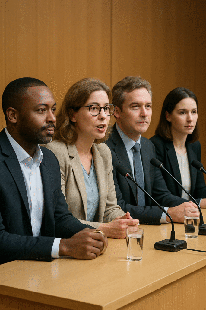 Four people sitting at a table for a panel