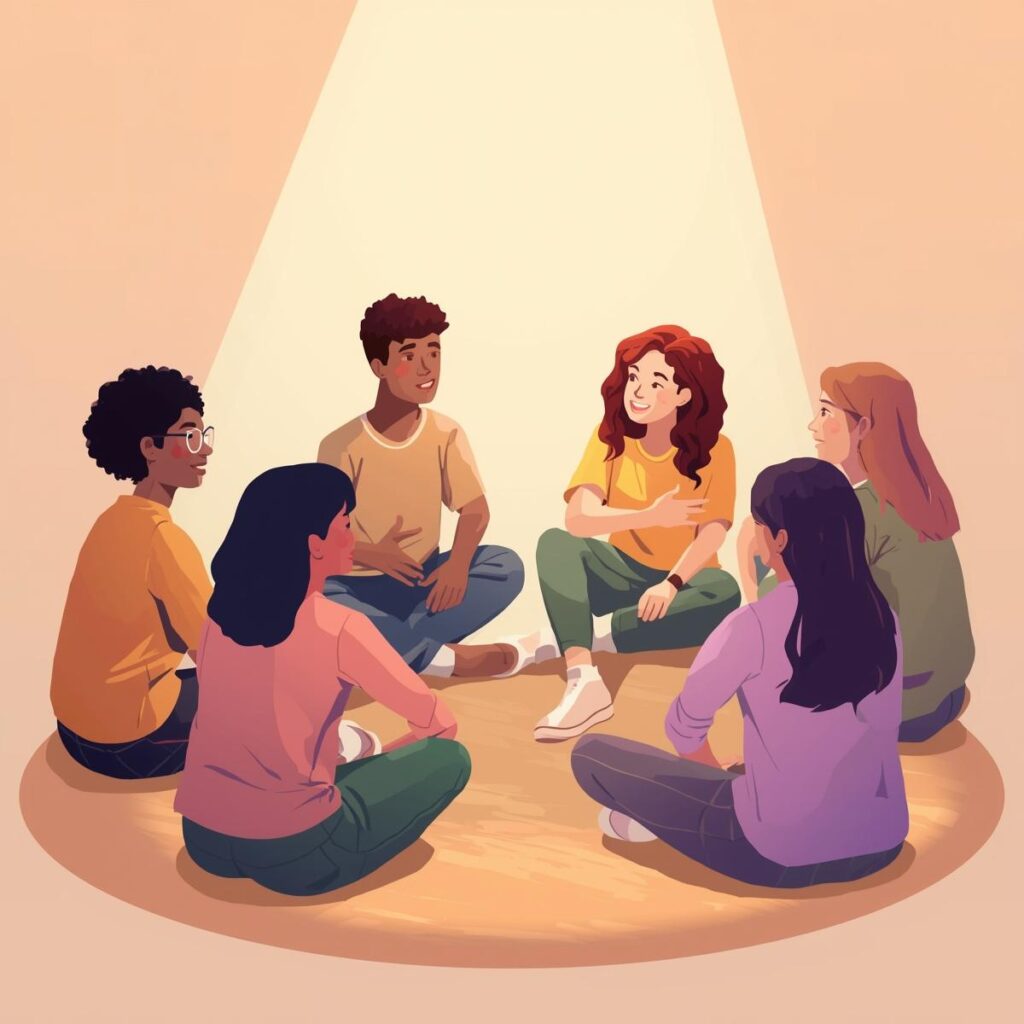 Group of teenagers sitting in a circle on the floor