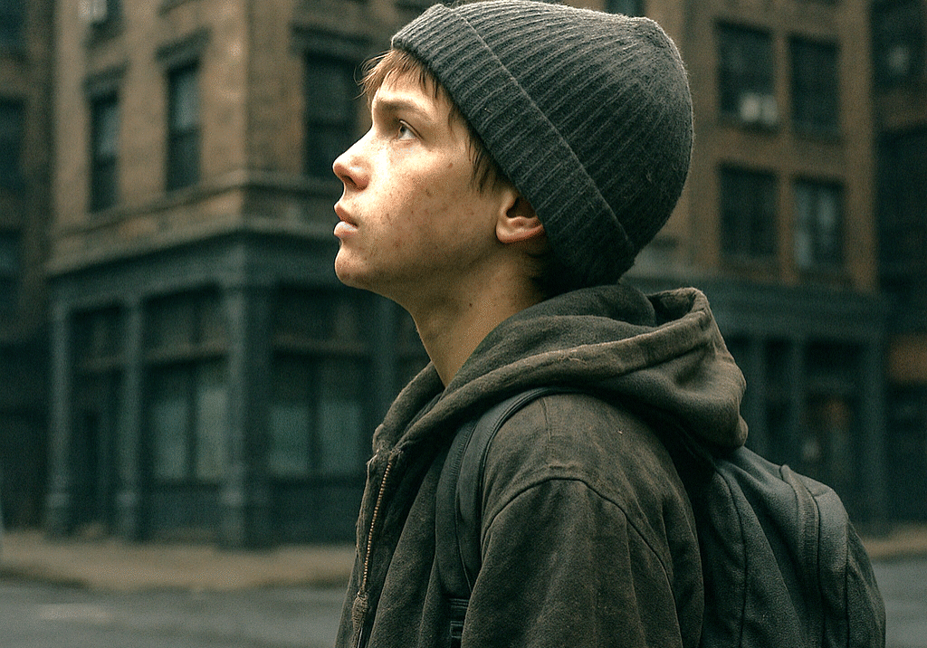 Homeless teen staring at building