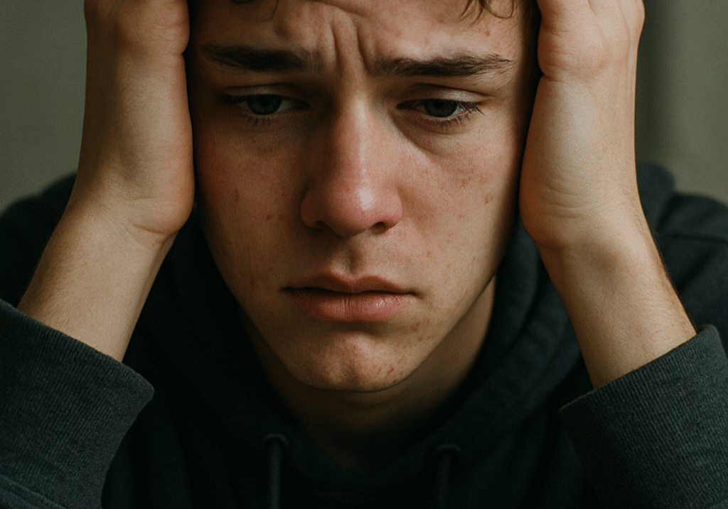 Teen with a concerned expression, hands framing face